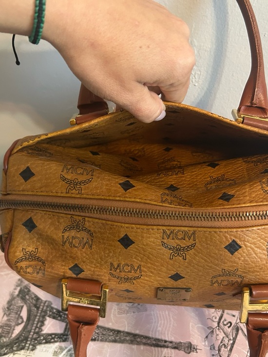MCM Cognac Visetos Logo Top-Handle Satchel with Brown Trim AUTHENTIC - Picture 10 of 13